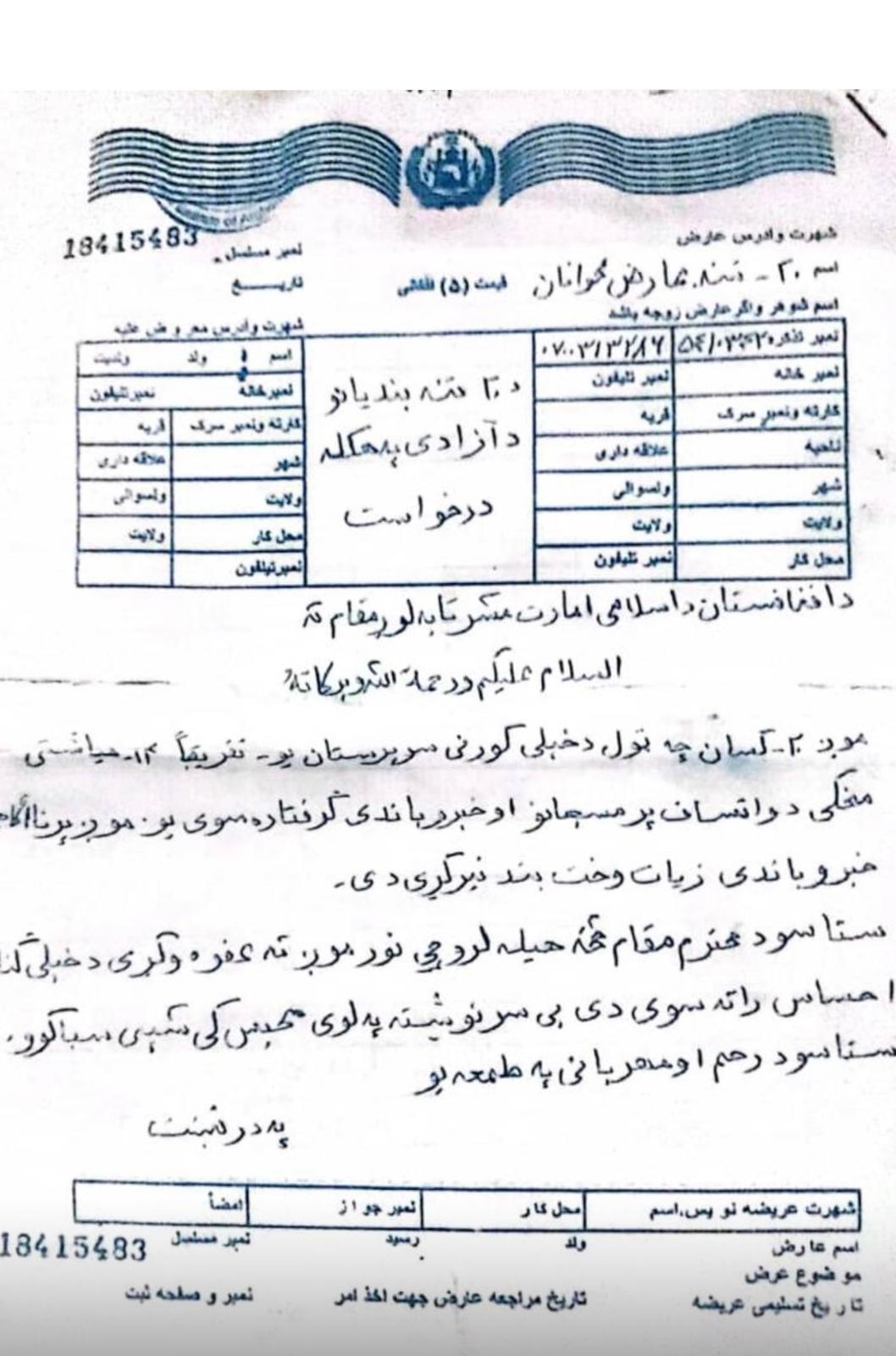 هبت الله اخوندزاده ته د کندهار زندانیانو عریضه