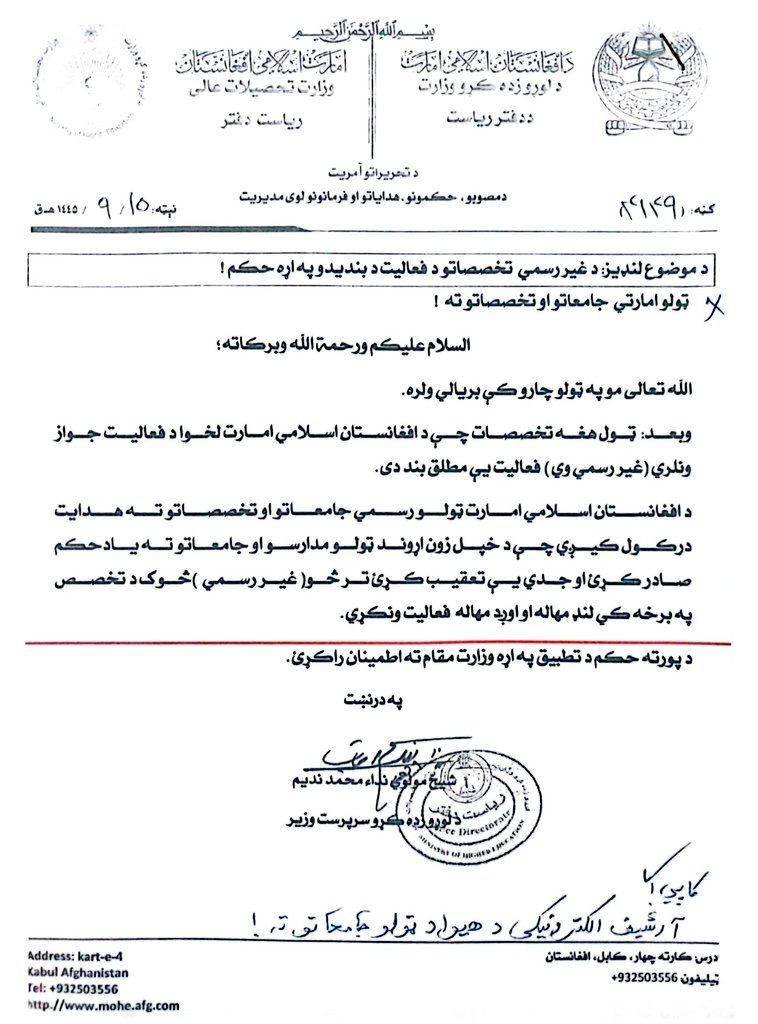 د طالبانو د لوړو زده کړو وزارت غیر رسمي مدارسو او تخصصاتو د بندېدا حکم کړی دی