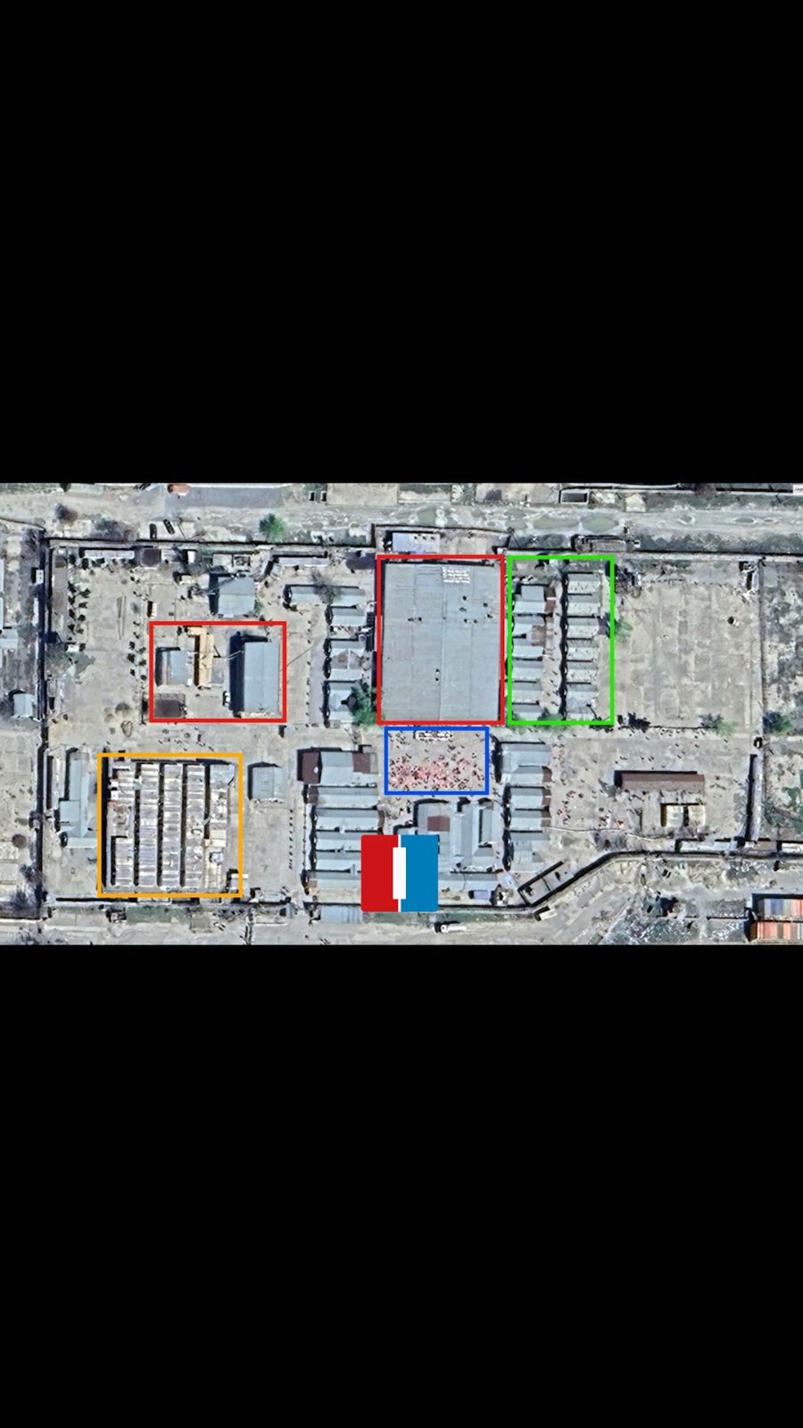 طعام‌خانه-خوابگاه درمانگاه امید و اتاق محافظان به رنگ سرخ نشانی شده و اتاق کاری کمپ امید به رنگ نارنجی - تصاویر قبل از حمله