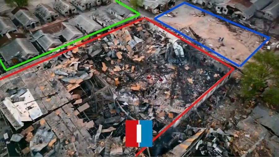 هغه سالون چې د امید درملنې مرکز کې د خوړنځي او د استوګنې (خوبخونې) په توګه کارېده، په انځورونو کې په سره رنګ نښه شوی دی، له هوايي برید وروسته انځورونه.