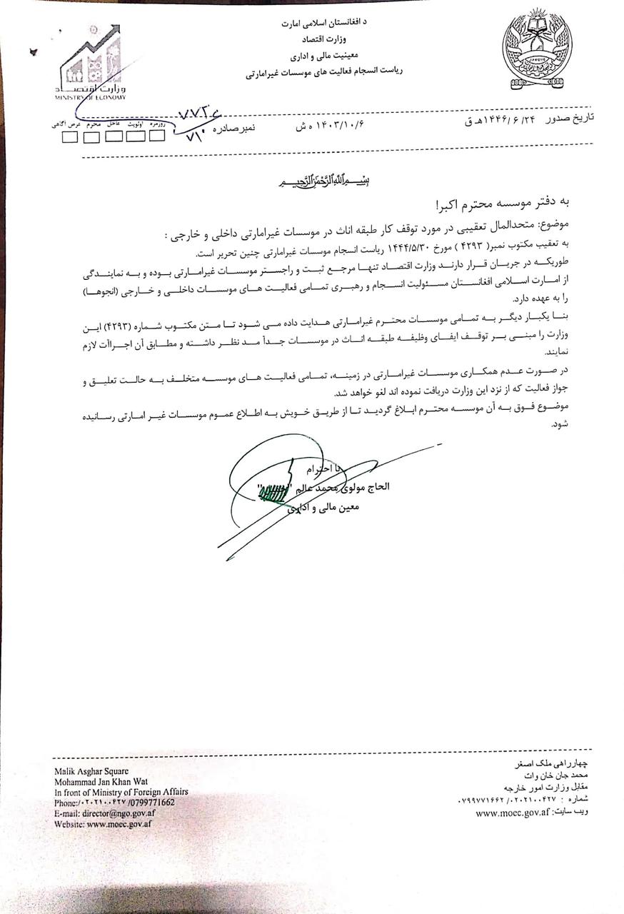 اکبر موسسې ته د طالبانو اقتصاد وزارت له‌خوا استول شوی مکتوب