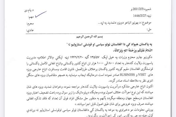 د طالبانو د کورنیو چارو وزارت: پاکستانیانو ته د قانون خلاف د افغانستان ویزې ورکول کېږي
