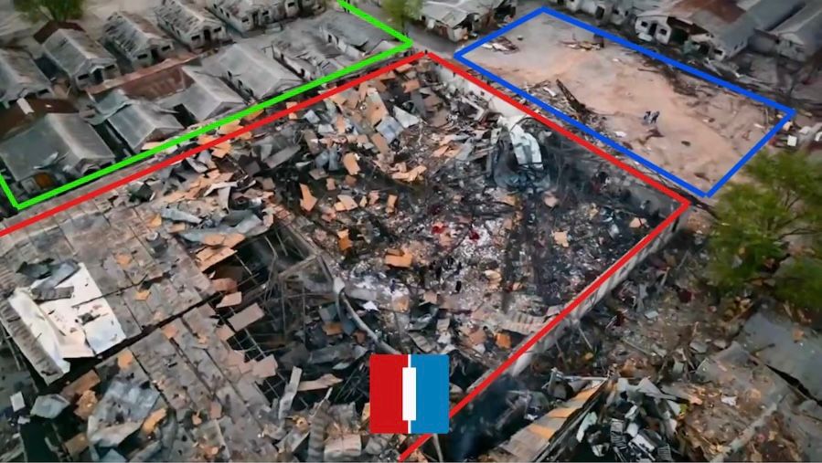 سالنی که به‌عنوان محل غذاخوری و خوابگاه درمانگاه امید استفاده می‌شد به رنگ سرخ نشانی شده است - تصاویر بعد از حمله هوایی