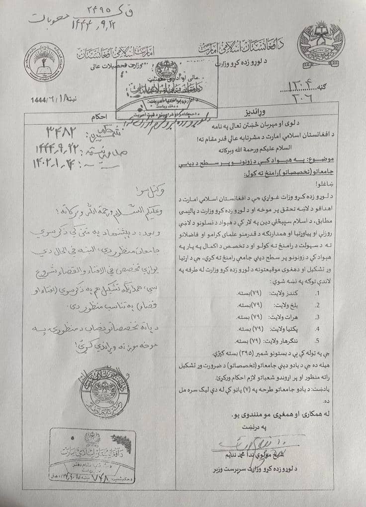 وزارت تحصیلات عالی طالبان در هر زون برای ملاها «مدرسه تخصصی» می‌سازد