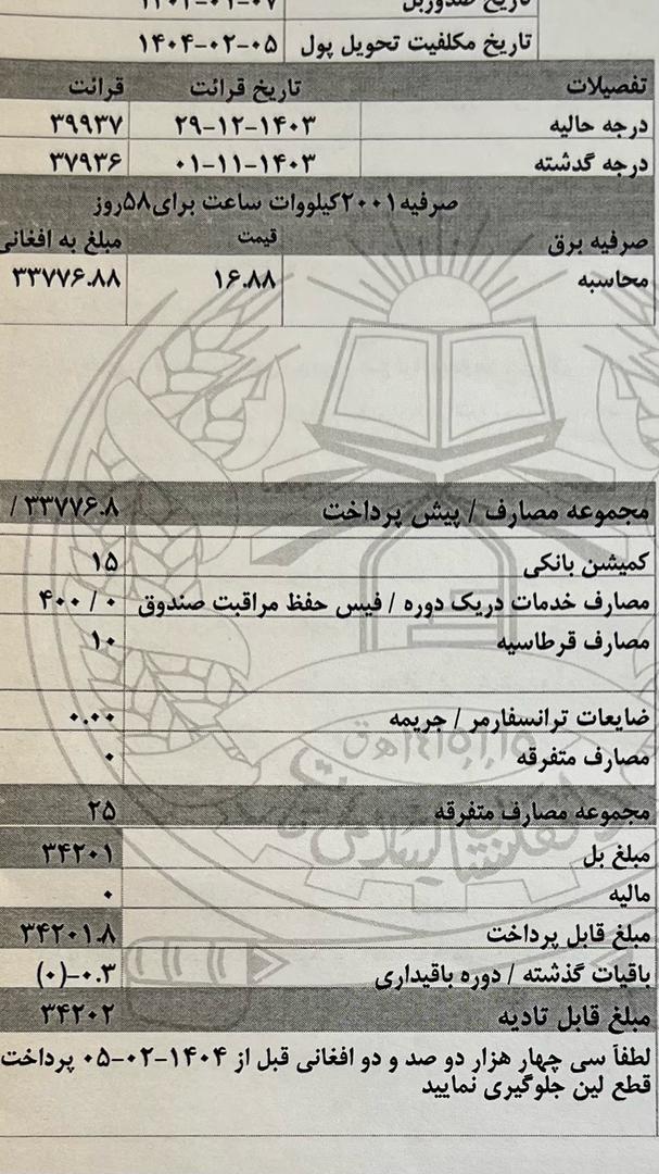 قبض برق ماه حوت که 400 افغانی برای حفظ و مراقبت صندوق اضافه شده است