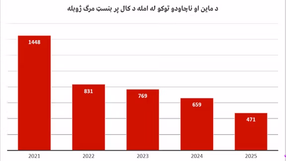 کلنۍ مرګ ژوبله په ۲۰۲۱ کال کې له ۱،۴۴۸ څخه په ۲۰۲۵ کال کې ۴۷۱ تنو ته راکمه شوې، چې نږدې دوه پر درېیمه برخه کمښت ښيي.