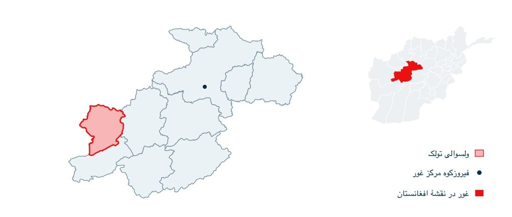 نقشه ۱:  موقعیت ولسوالی تولک و فیروزکوه در ولایت غور.