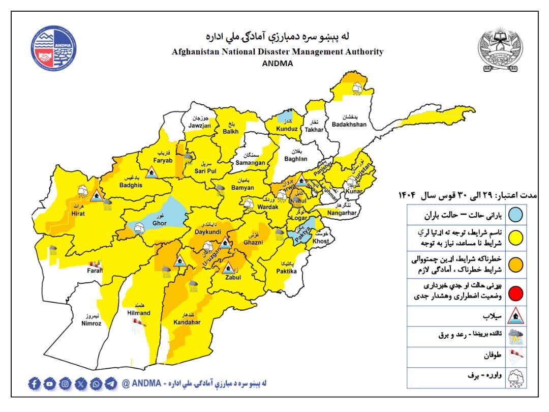 د هوا پوهنې اداره: د کابل په ګډون ۲۷ ولایتونو کې د ورښتونو او واورو د ورېدلو امکان شته
