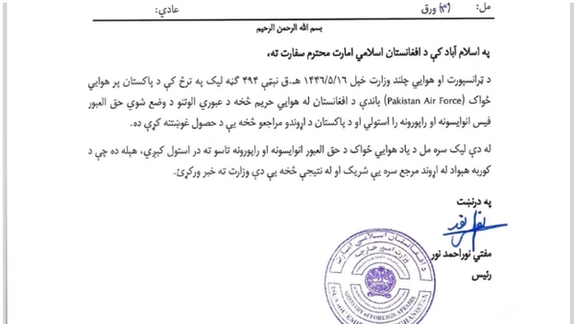 له پاکستان څخه د هوايي حق العبور د غوښتنې مکتوب