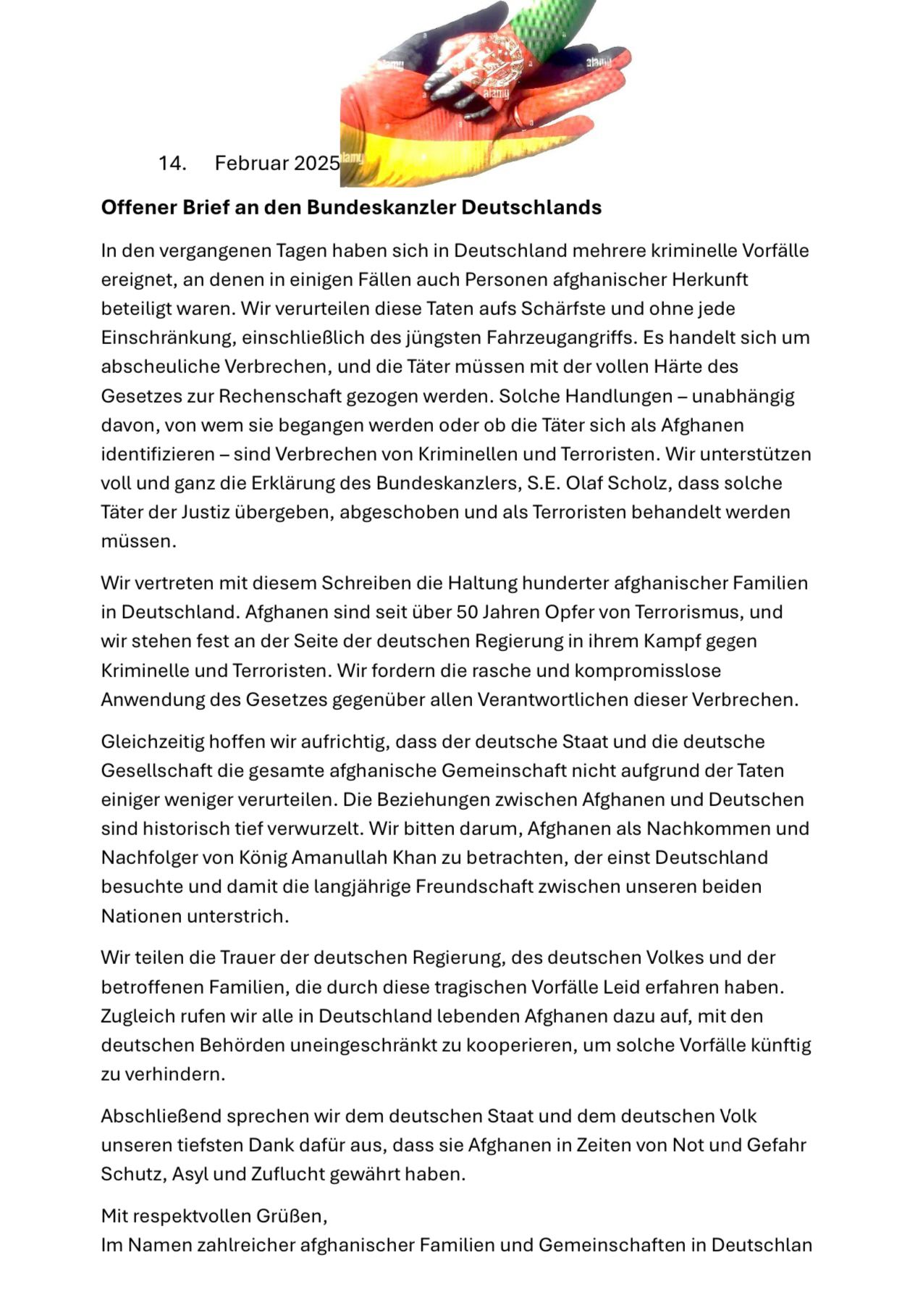 په المان کې د مېشتو افغان کورنيو او ټولنو له لخوا لومړي وزير ته په الماني ژبه پرانیستی لیک