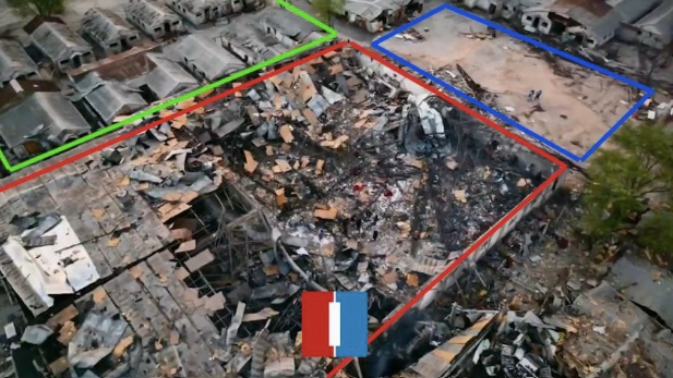 تم تحديد القاعة التي كانت تُستخدم كصالة طعام ومبيت في مركز «أميد» باللون الأحمر – صور ما بعد الهجوم الجوي