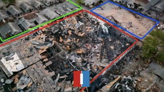 تم تحديد القاعة التي كانت تُستخدم كصالة طعام ومبيت في مركز «أميد» باللون الأحمر – صور ما بعد الهجوم الجوي