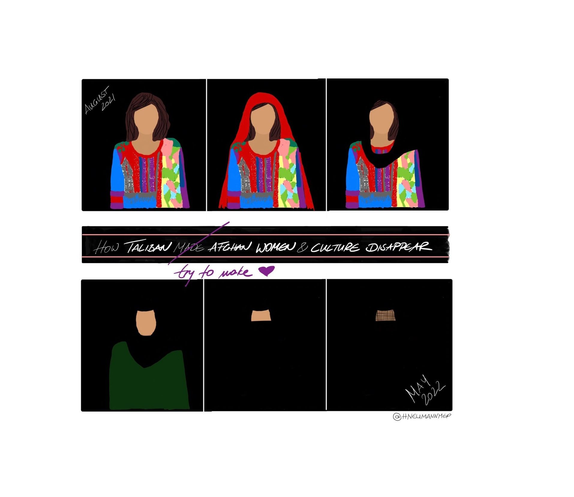 یک عضو پارلمان اروپا با نقاشی توضیح داد که قوانین سخت‌گیرانه طالبان چه بر سر زنان می‌آورد