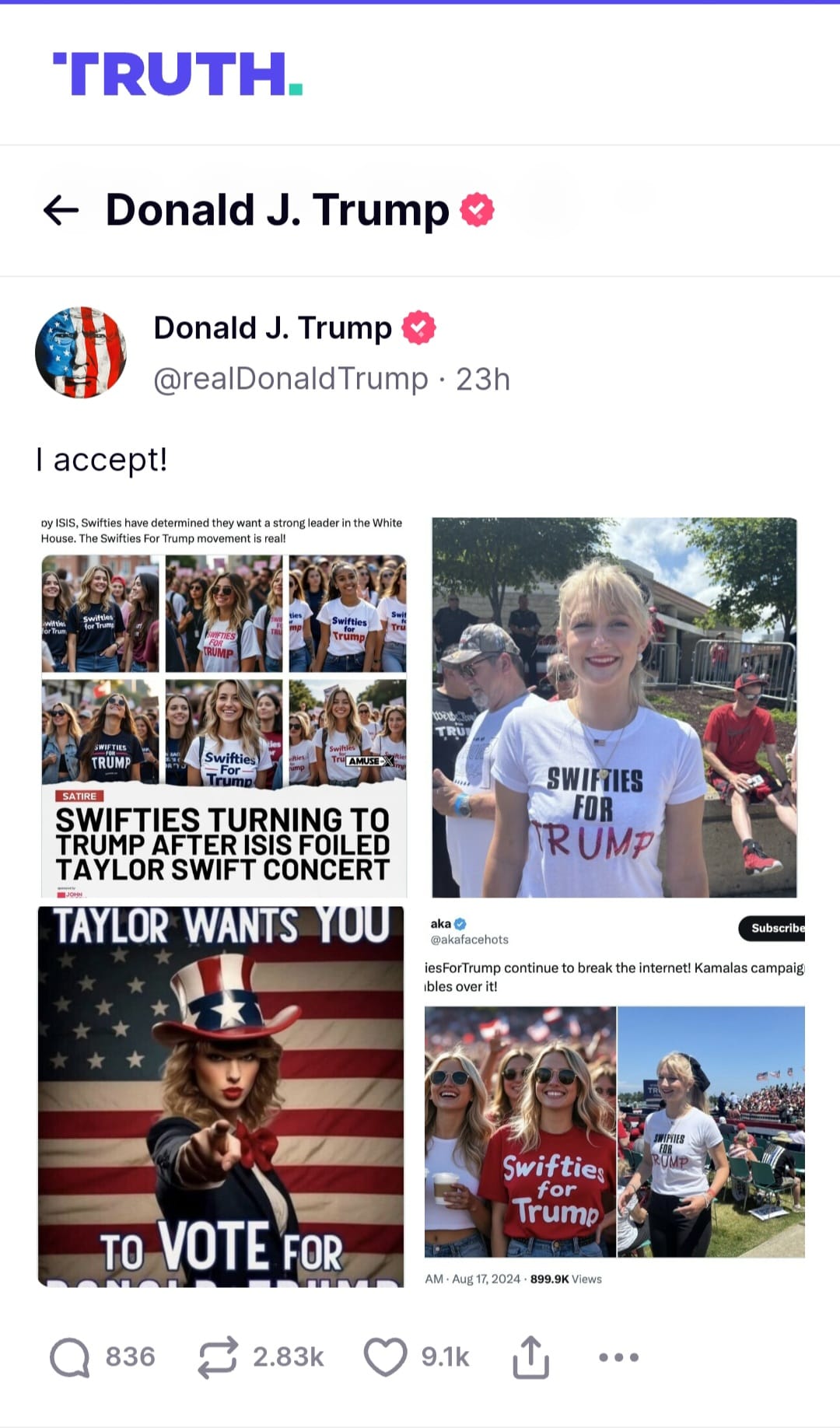  سوشال تروث نشر کرده است عکسی جعلی از خواننده سرشناس و دموکرات امریکایی که ترامپ در حساب خود در شبکه اجتماعی